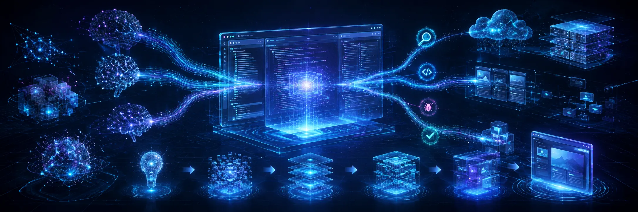 Futuristic abstract coding network showing multiple AI systems connected to a central development workspace with glowing data streams, neural networks, cloud elements, and a visual path from idea to completed application.