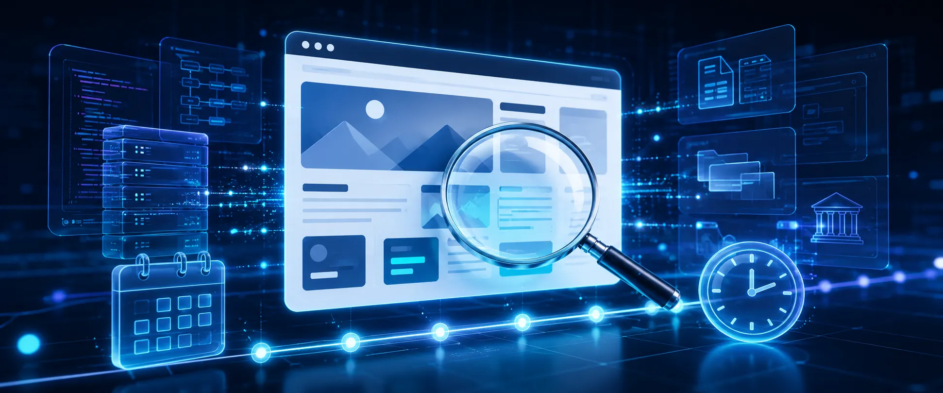Digital website investigation showing a magnifying glass scanning a webpage with update timeline, calendar, server, and technical data layers.