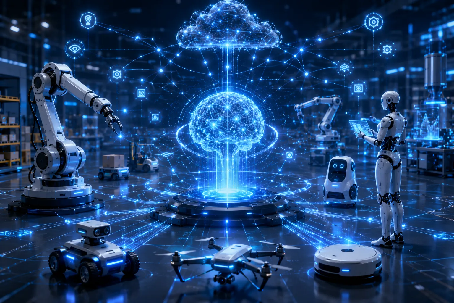 What App Is Used to Code Robots illustrated with an AI core powering interconnected industrial, service, and humanoid robots through neural networks and intelligent robotic automation.