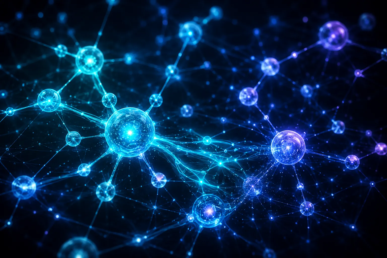 Abstract illustration showing AI embeddings with glowing interconnected nodes and neural pathways, representing how AI understands relationships between concepts beyond words to improve language processing and contextual understanding.
