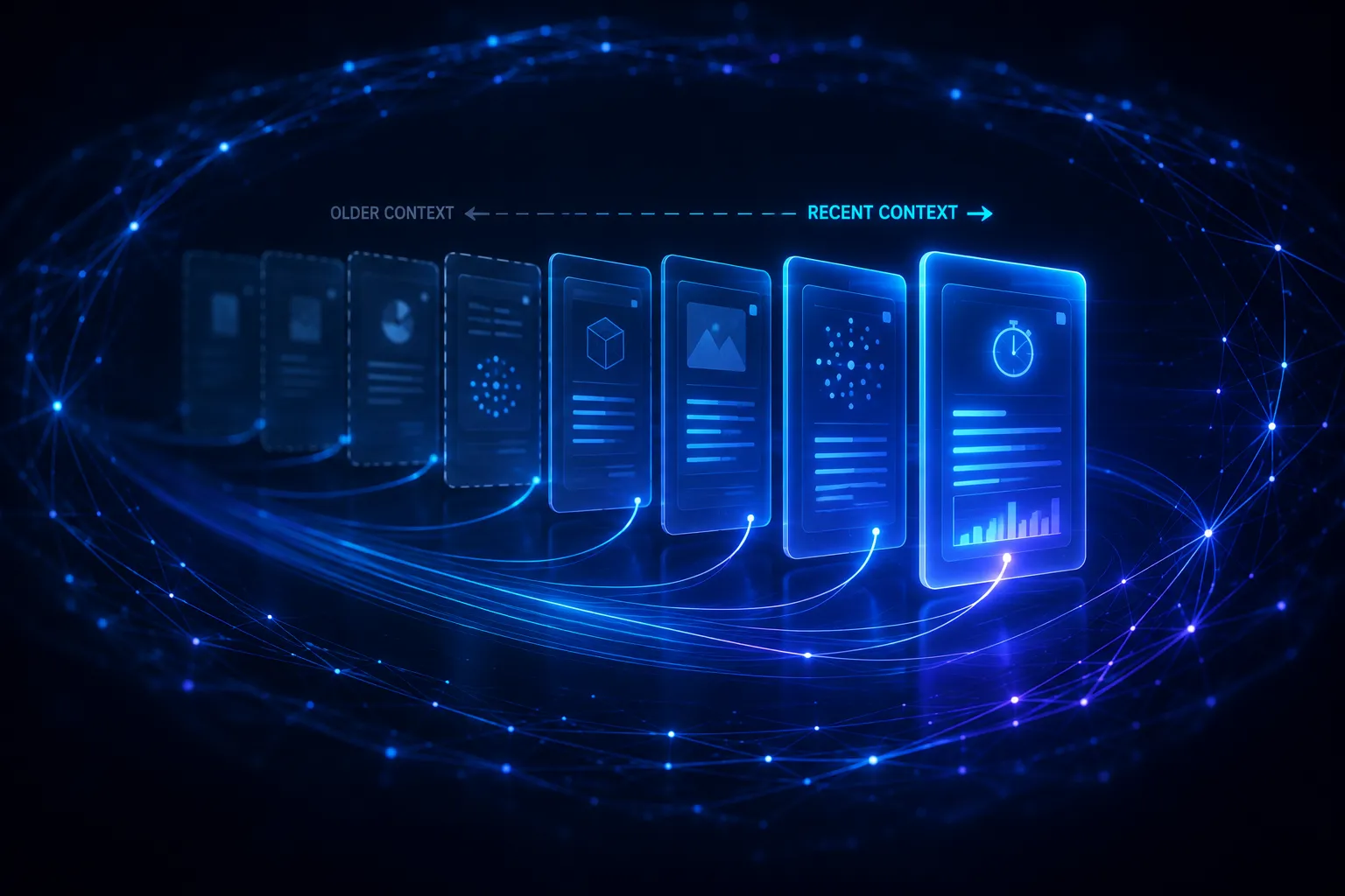 Abstract illustration showing AI context window with glowing memory panels connected through a neural network, representing how AI models remember recent information while older context gradually fades during language processing.