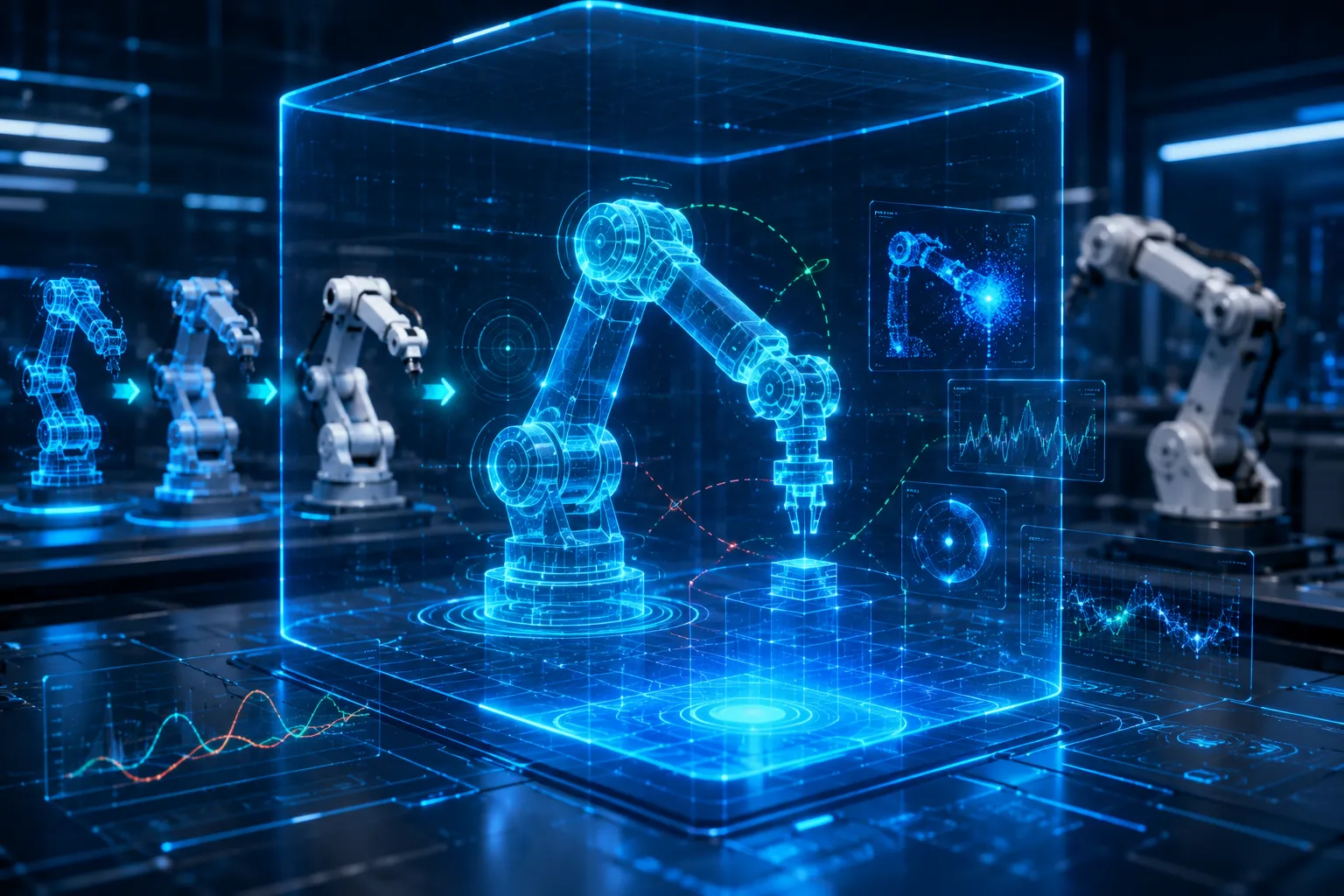 What App Is Used to Code Robots visualized through a holographic robotic arm simulation, wireframe-to-physical robot transformation, AI prediction overlays, and a virtual robotics testing environment.