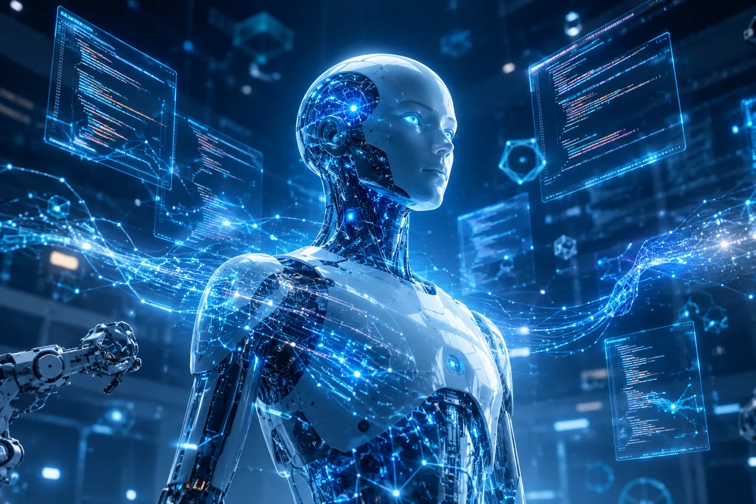 What App Is Used to Code Robots illustrated through a futuristic humanoid robot surrounded by holographic coding interfaces, AI neural networks, and advanced robotics programming technology.