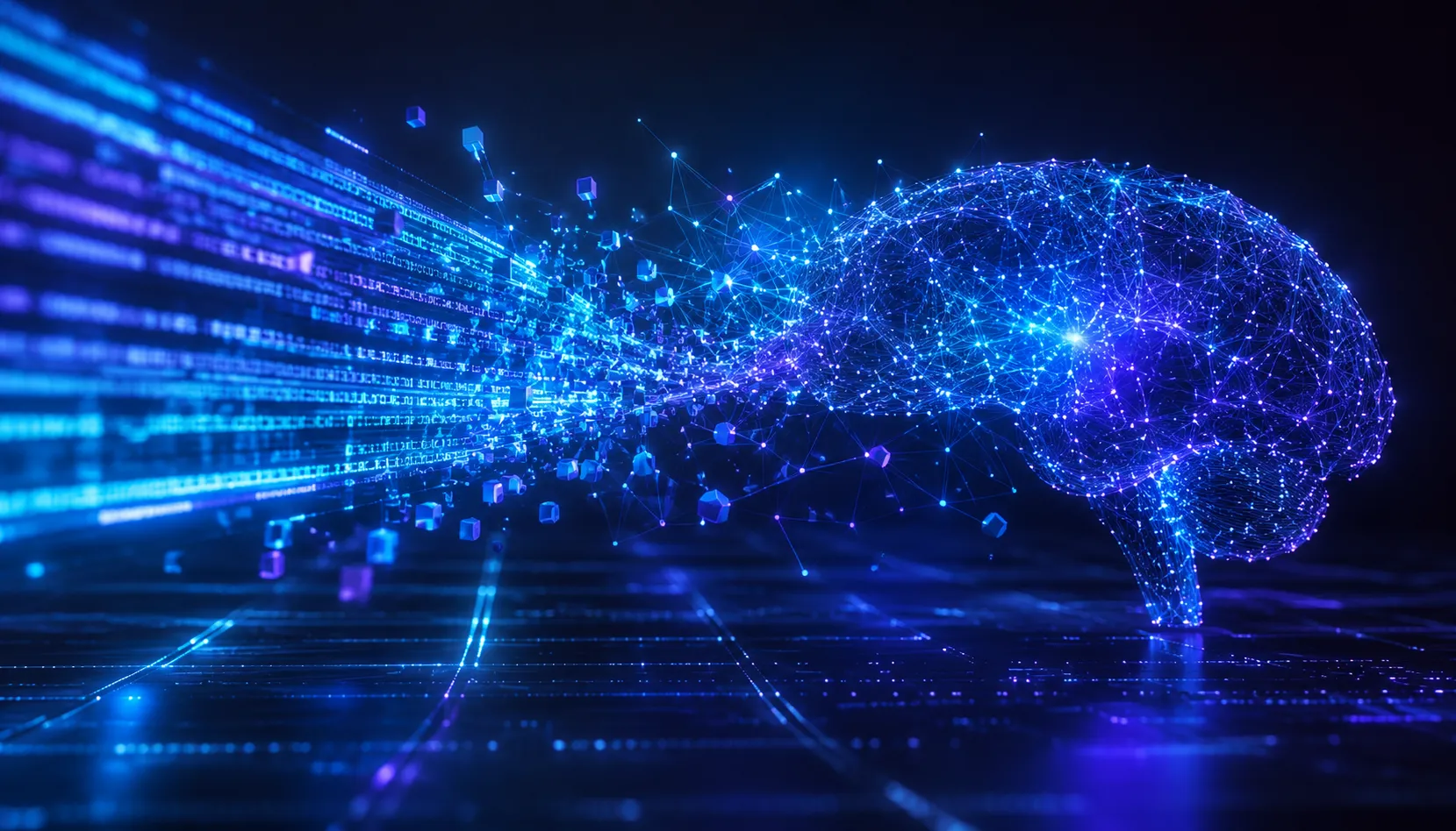 Abstract futuristic illustration showing glowing language fragments transforming into an AI brain through neural connections, representing AI tokenization, language processing, and machine intelligence.
